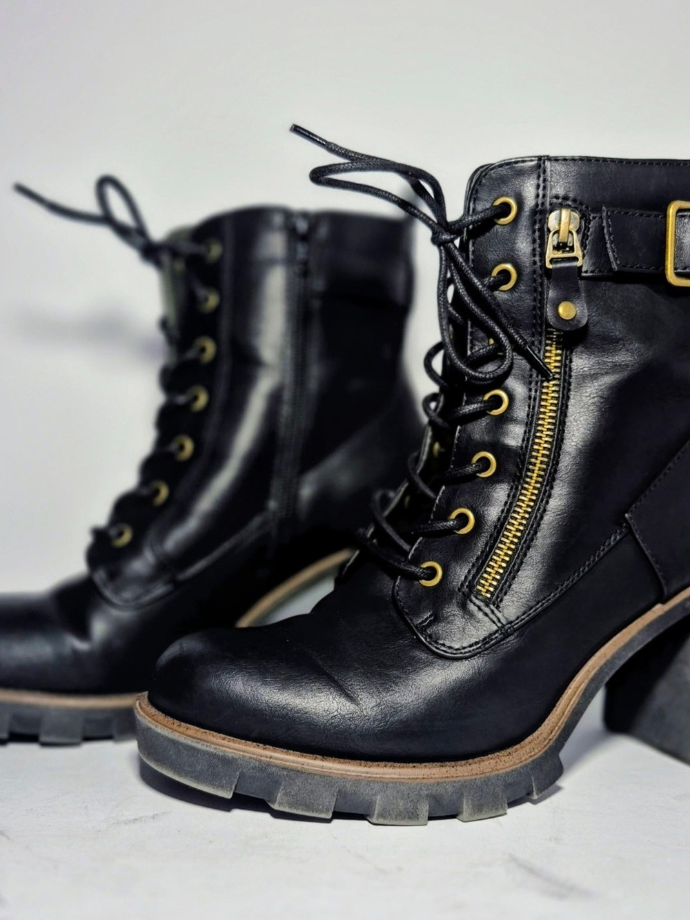 Black Lace-Up Ankle Boots with Gold Hardware - Women Shoes